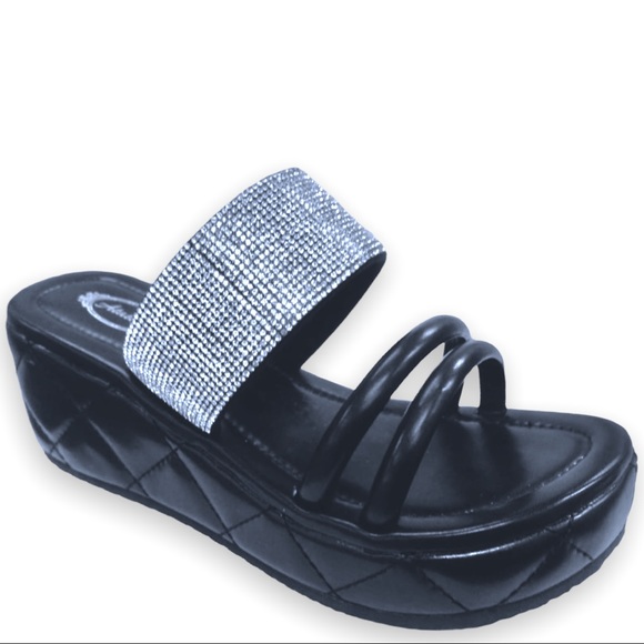 Italina Black Strappy Triple Band Rhinestone Platform Slip-On Quilt Wedge Sandal - Picture 2 of 6